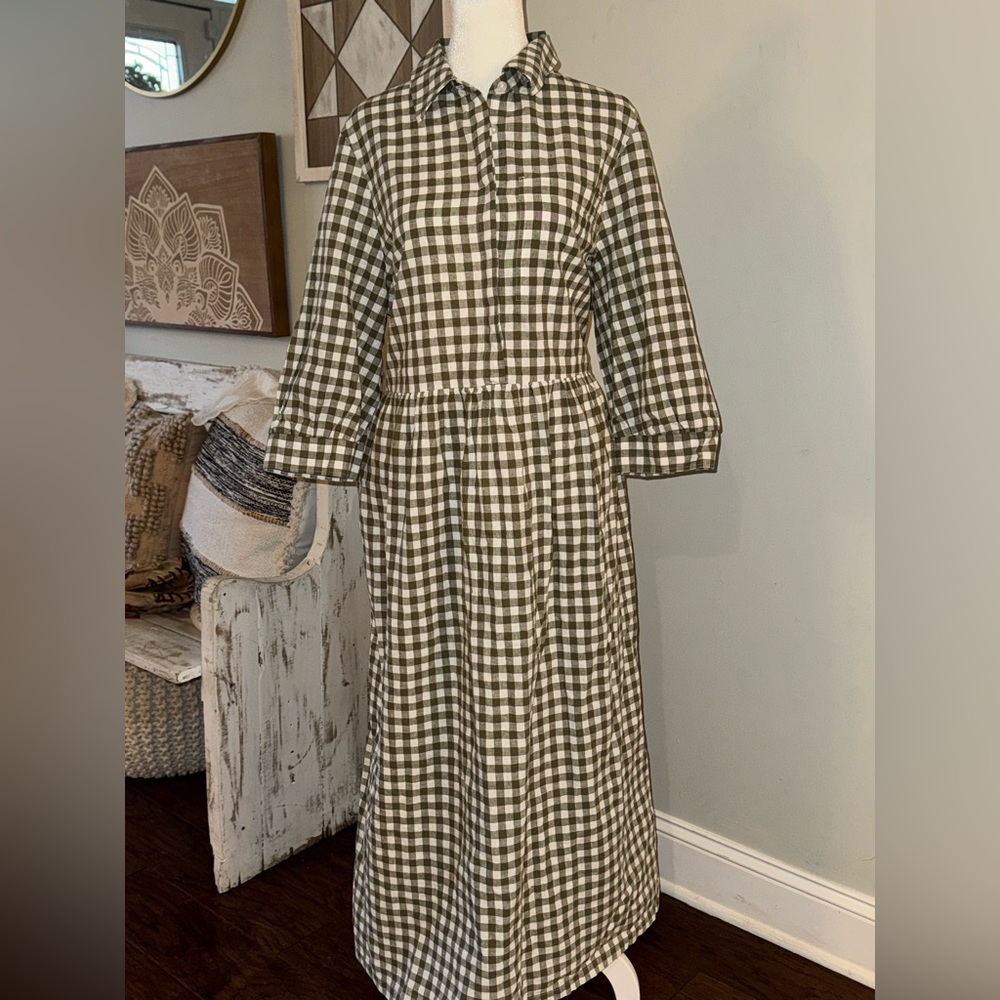 Barbour Plaid Long Sleeve Dress in Green and White